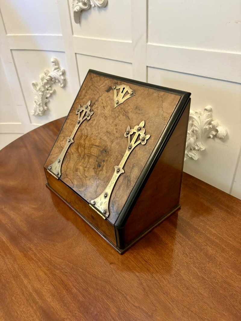 Unusual Antique Victorian Quality Burr Walnut Brass Mounted Stationery Box - Image 3